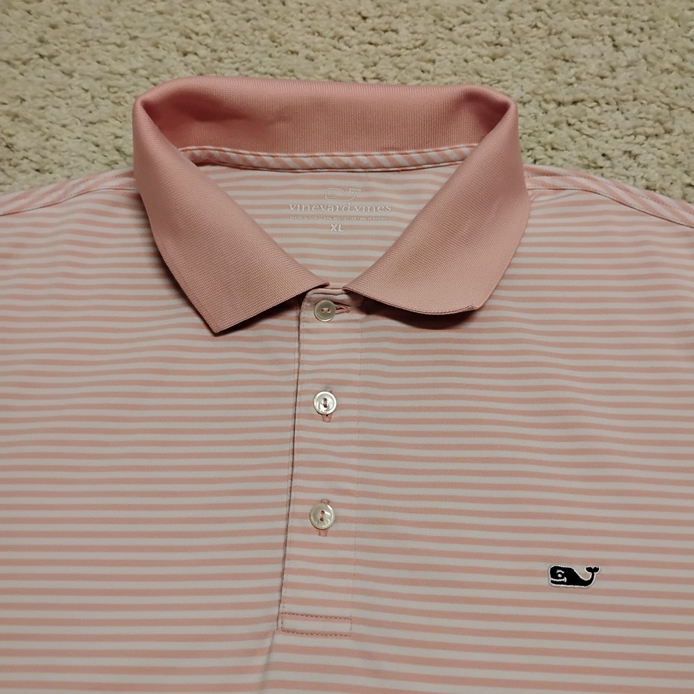 Vineyard Vines Shirt Mens XL Polo Pink Striped Performance Stretch Whale Golf